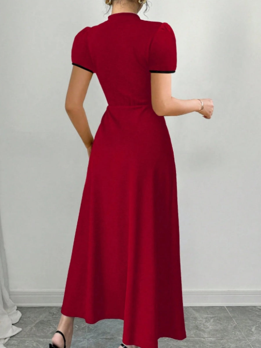 Long Dress With Puff Sleeves And Contrasting Chinese Knot Buttons
