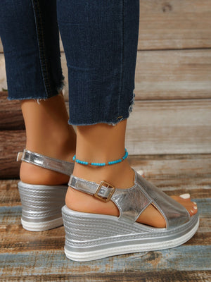 Platform Wedge Sandals, Plus Size, Openwork, Glossy Finish