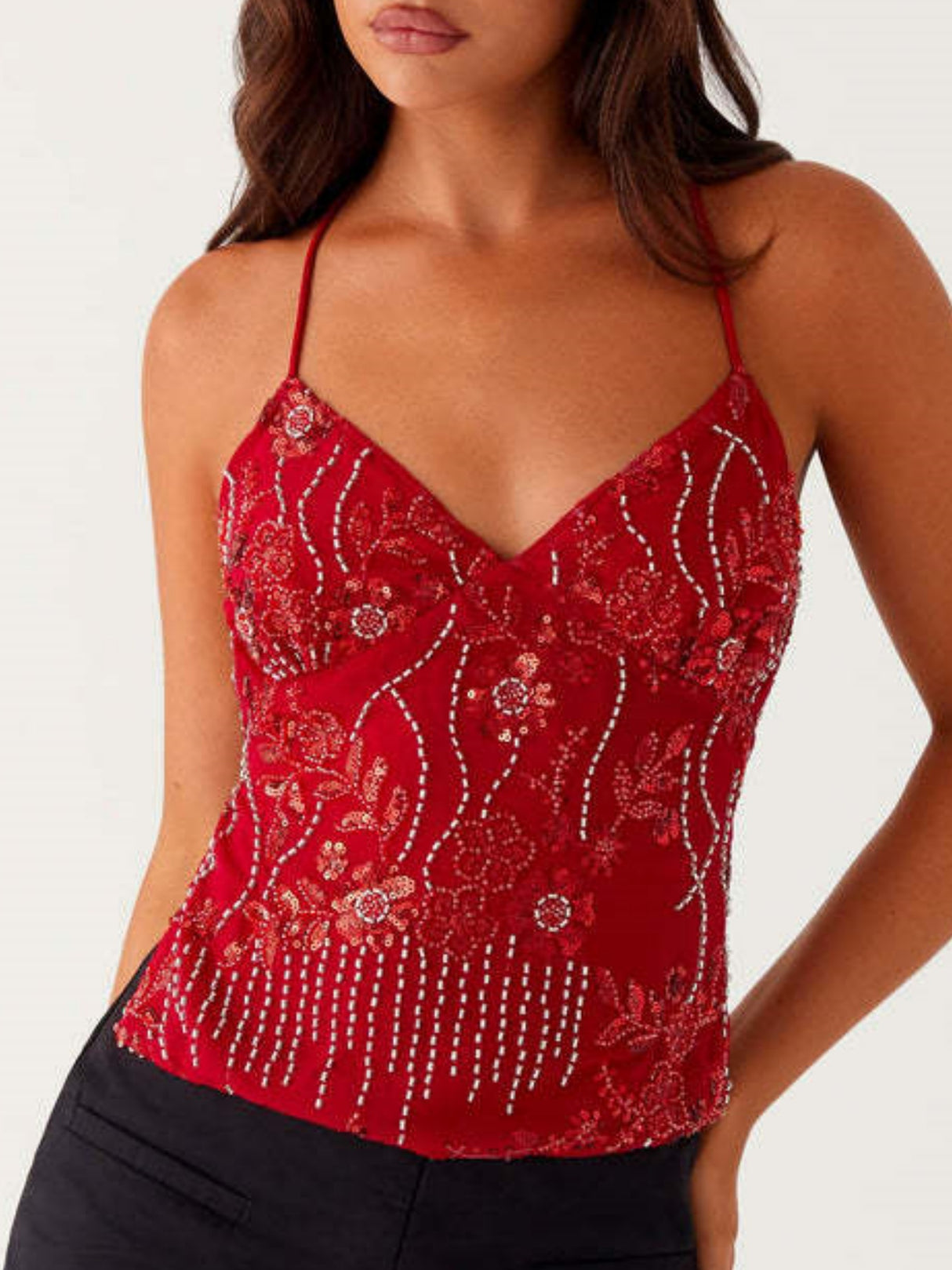 Embroidered Sequins Color Matching Strappy Backless Sweet Tank Tops&Camis