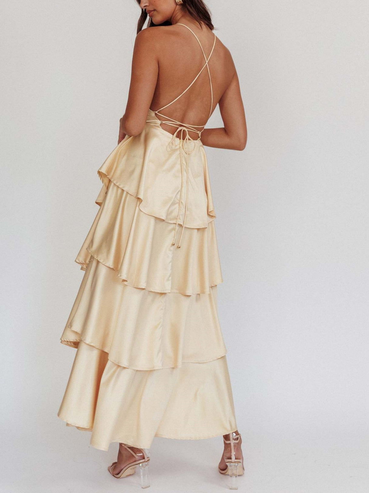 Ruffled Splicing Satin V-neck Tank Top Maxi Dresses