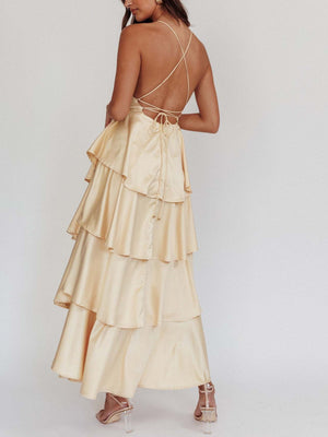 Ruffled Splicing Satin V-neck Tank Top Maxi Dresses