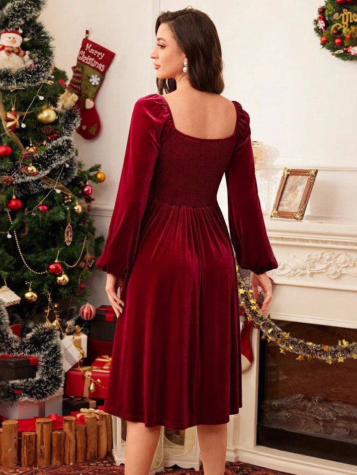 Christmas Long Sleeve Fur Collar Full Skirt Dress
