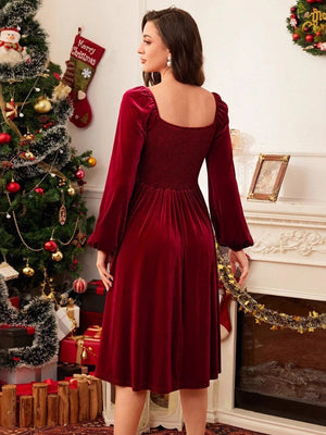 Christmas Long Sleeve Fur Collar Full Skirt Dress