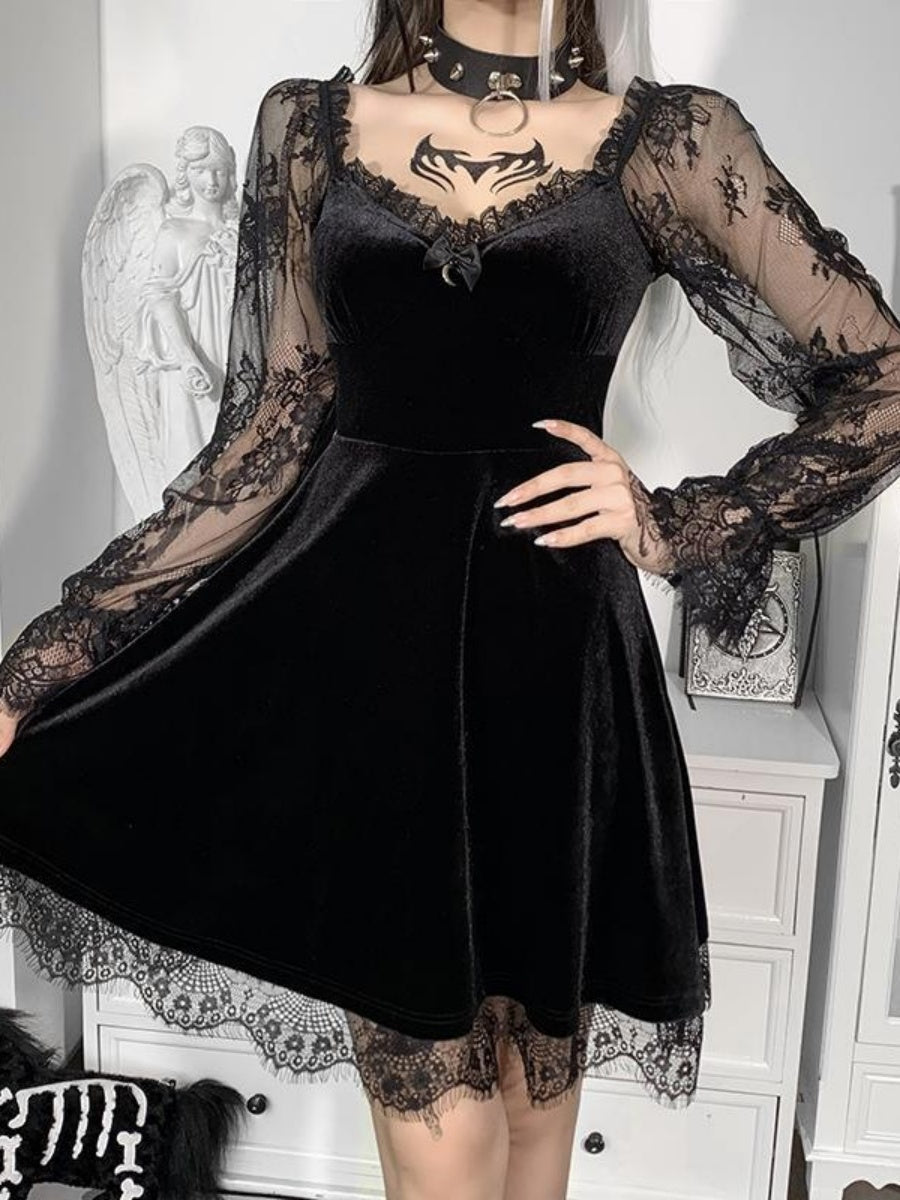 Halloween Lace Velvet Long Sleeve Midi Dresses