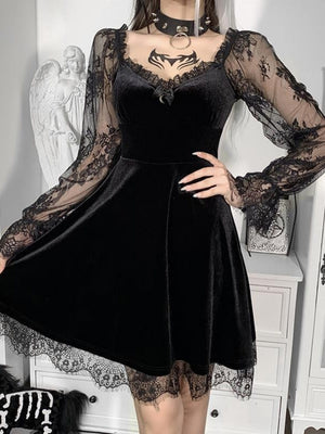 Halloween Lace Velvet Long Sleeve Midi Dresses