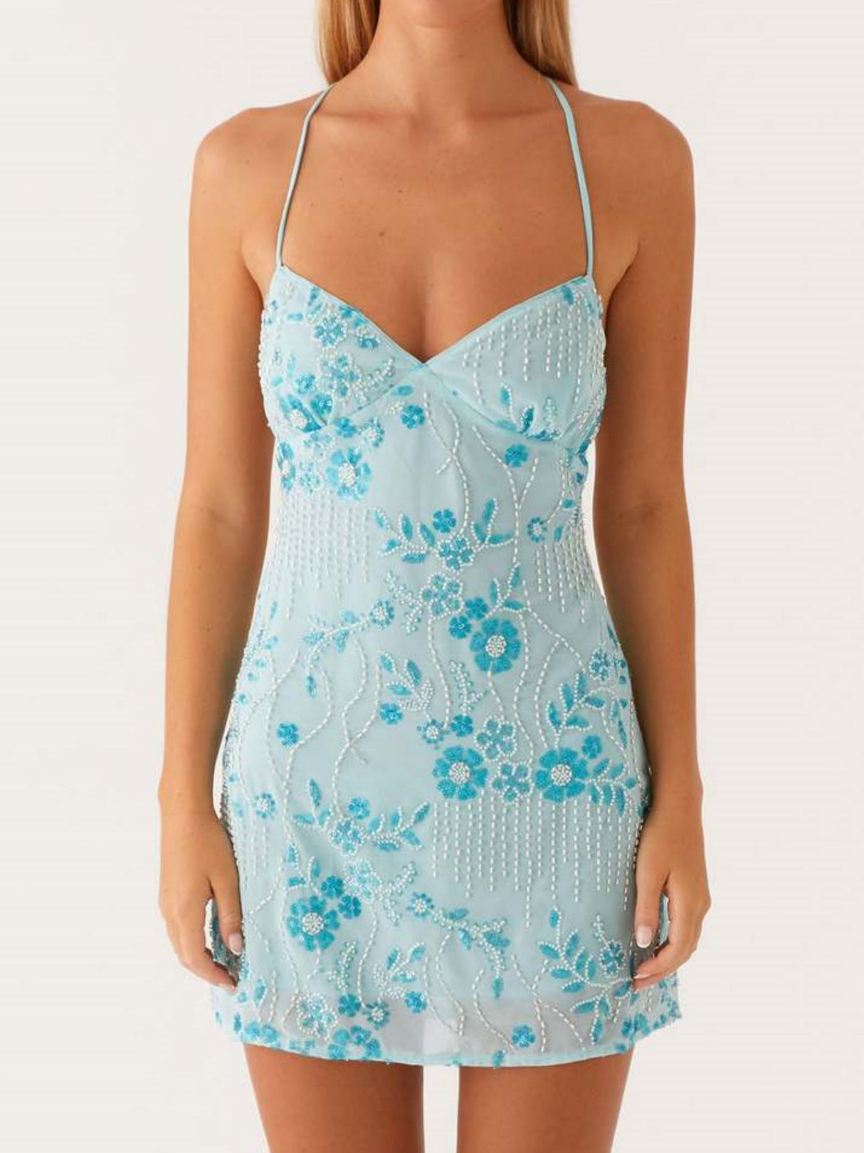 Sequin Beads Spaghetti Strap Backless Tie Sweet Mini&Short Dresses