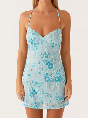 Sequin Beads Spaghetti Strap Backless Tie Sweet Mini&Short Dresses