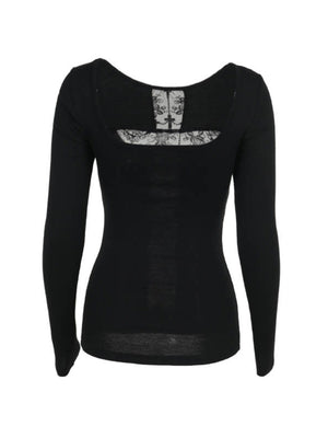 Y2K Off-shoulder Lace Patchwork Hollow Out Long-sleeved Top