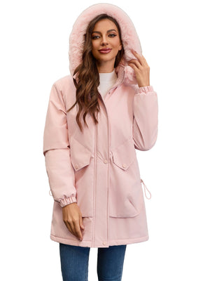 With Fur Collar Hooded For Warmth Drawstring Pocket Down Jacket