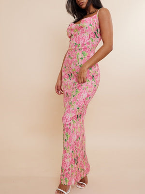 Floral Print Pleats On Suspenders Maxi Dresses