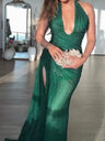 Sequins Gathering V-neck Halter Slit Parties Maxi Dresses