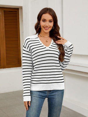 Liber Autumn Women's V-neck Contrasting colors Stripes Jacket Woolen
