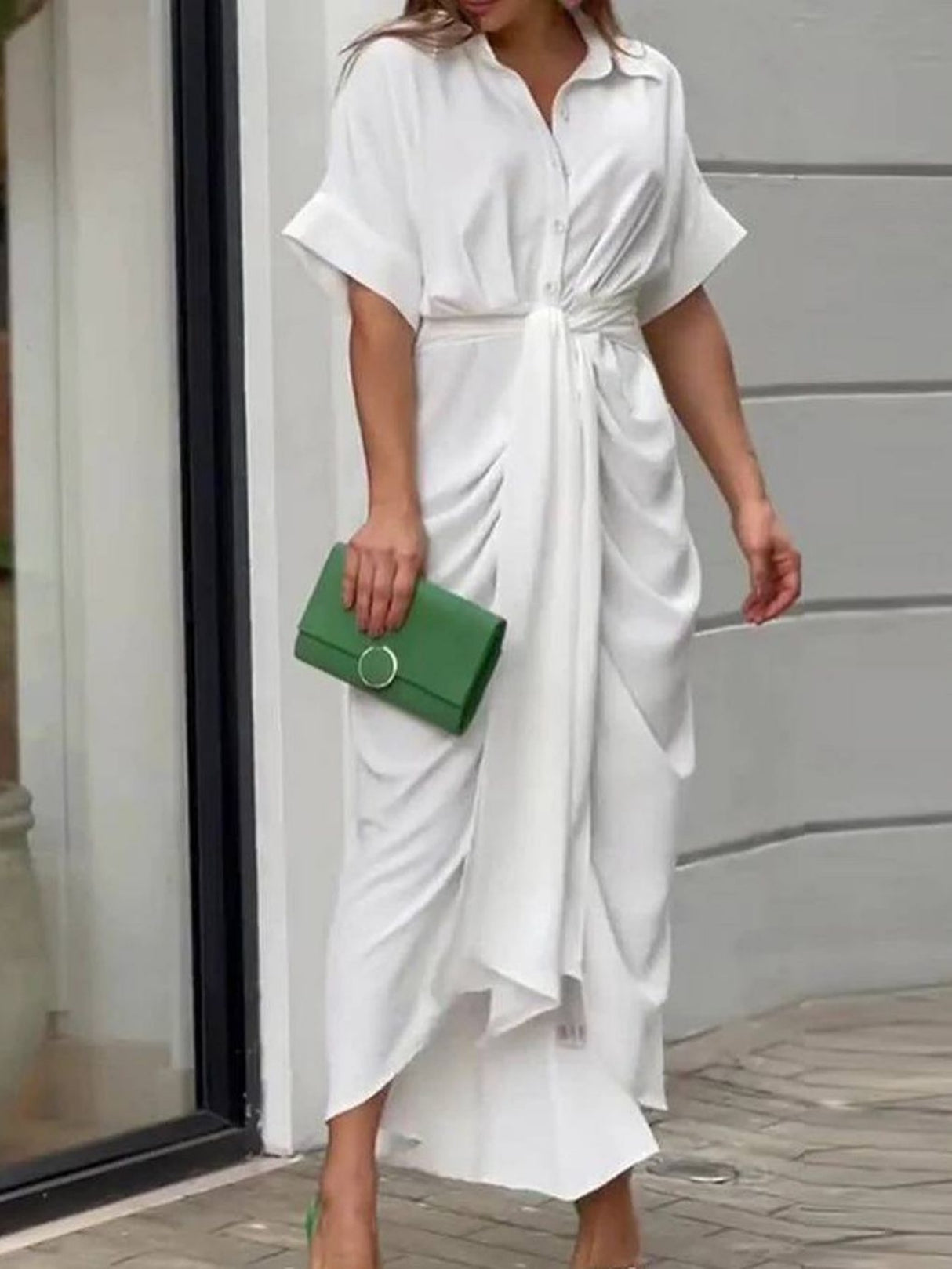 Lapel Shirt Dress Short-sleeved Single-breasted High-waisted Maxi Dresses