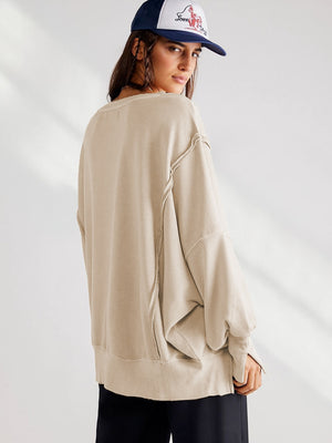 Women's Autumn/Winter Solid Color Frayed Edge Long Sleeve Side-Slit Sweatshirt