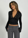 Sexy And Hot Long-sleeved Fitted V-neck Top With Lace Trim