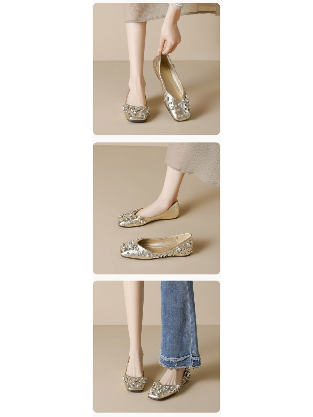 Liber Spring and Autumn Diamond-studded Metallic Women's Flats