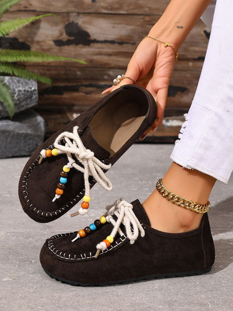 Lace-up Beaded Casual Suede Retro Round Toe Flat Shoes