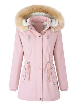 Mid-length Raincoat Water Proof Outdoor Drawstring Fur Collar Cotton-padded Jackets And Windbreakers