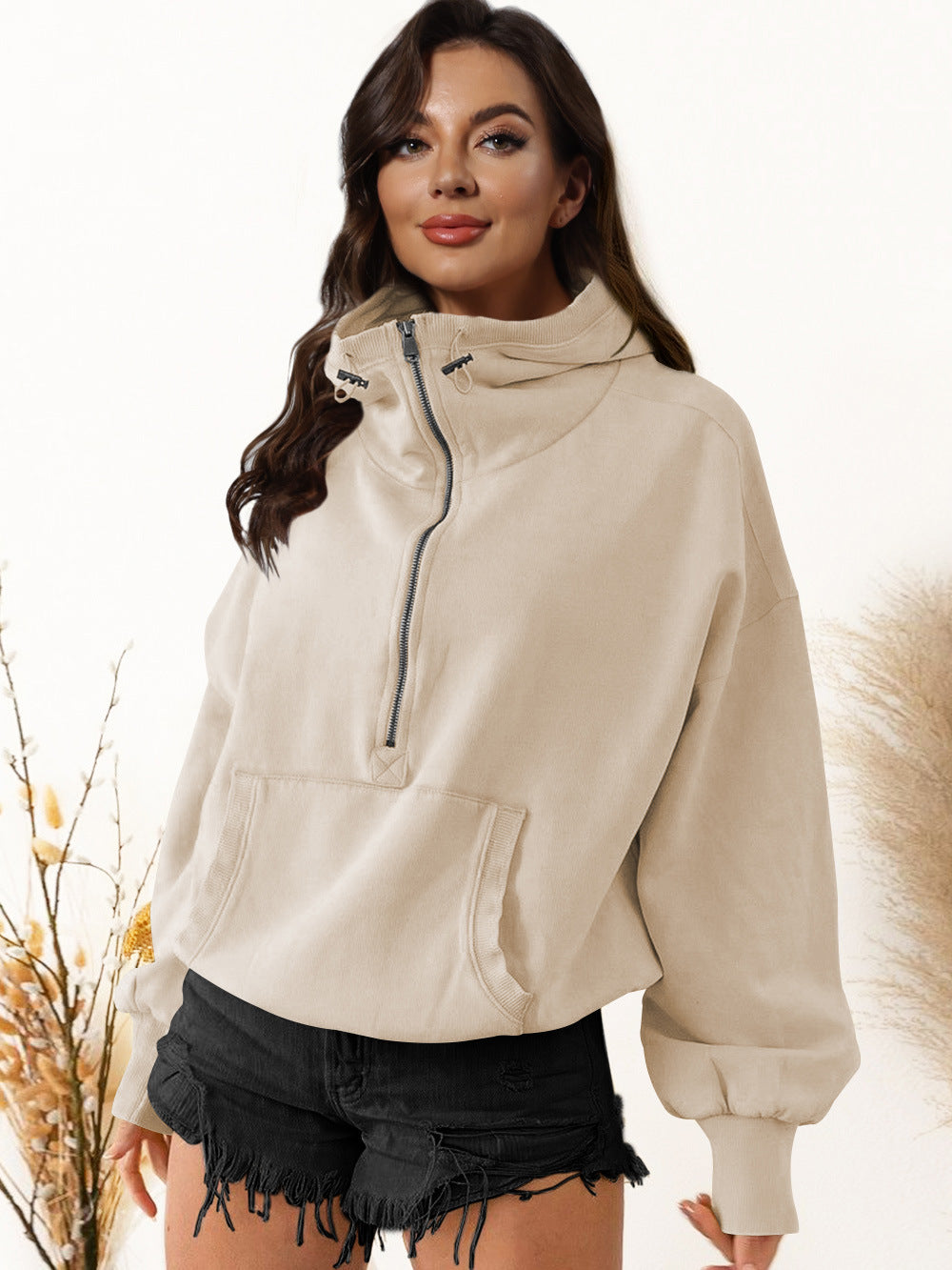 Women's Autumn/Winter Solid Color Half-Zip Long-Sleeve Kangaroo Pocket Hooded Sweatshirt