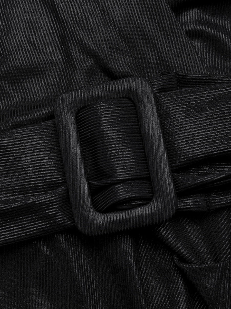 Deep V-neck Lace Up Spliced Wool Black Slit Maxi Dresses