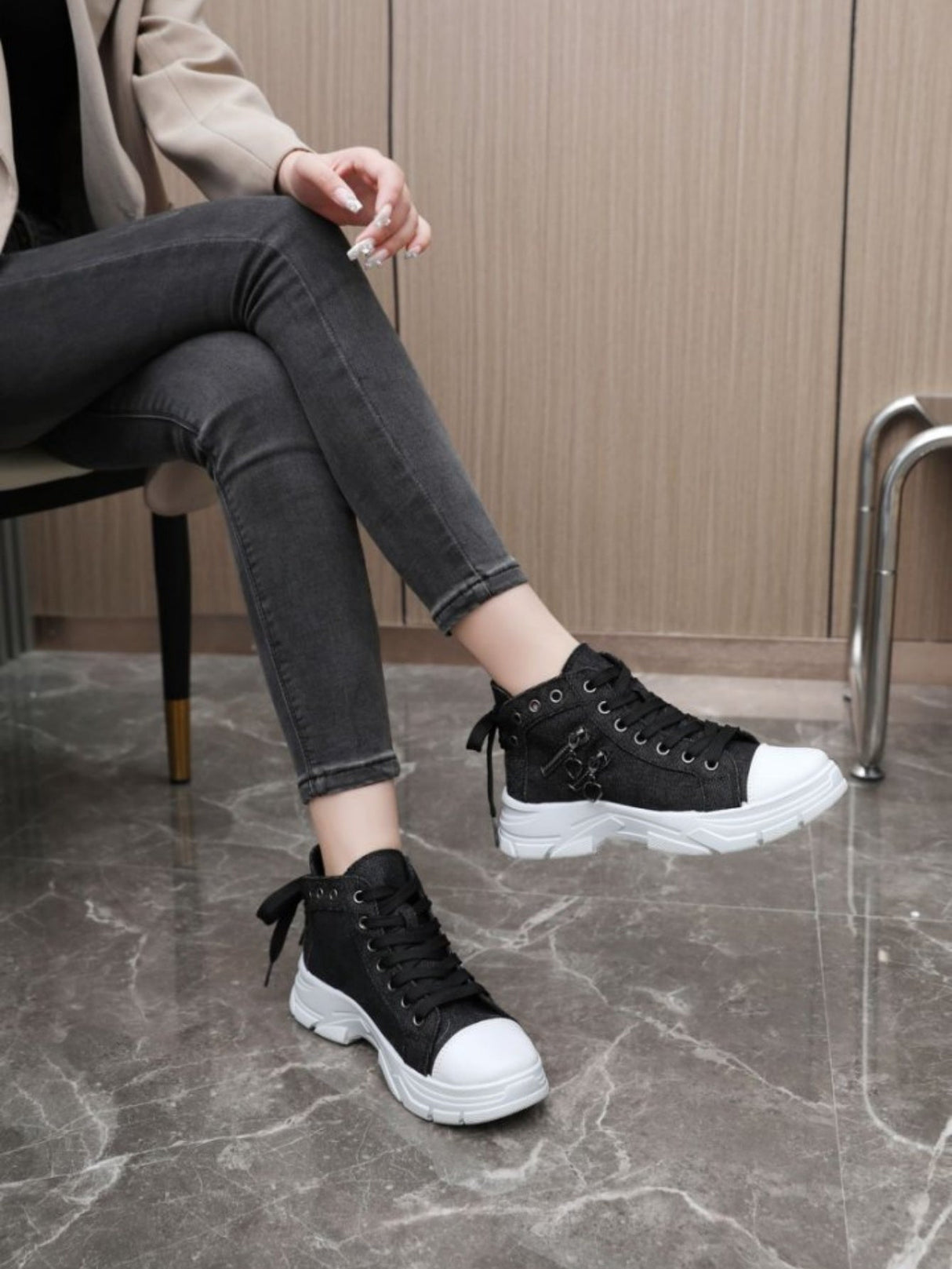 Heart Zipper Denim High-Top Casual Sneakers