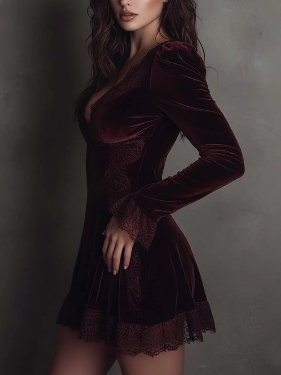Burgundy Velvet Lace-trimmed Short Dress