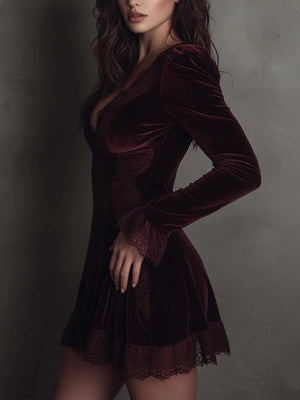 Burgundy Velvet Lace-trimmed Short Dress