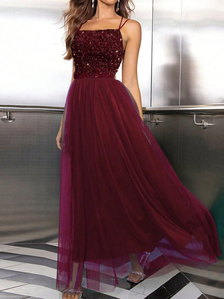 Sequins Mesh Splicing Suspenders Sweet Maxi Dresses