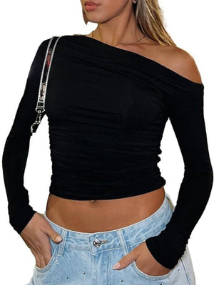 Y2K Asymmetrical Sloping Shoulders Crop Top Long Sleeves T-shirts