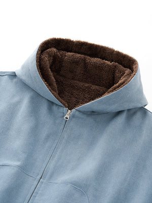 Short Plush Ins Contrasting Colors Hooded Zipper Jacket