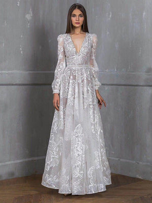 Robes maxi à col en V et broderie en dentelle