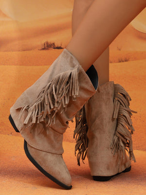 Tasseled Pleated Suede Western Women's Ankle Boots