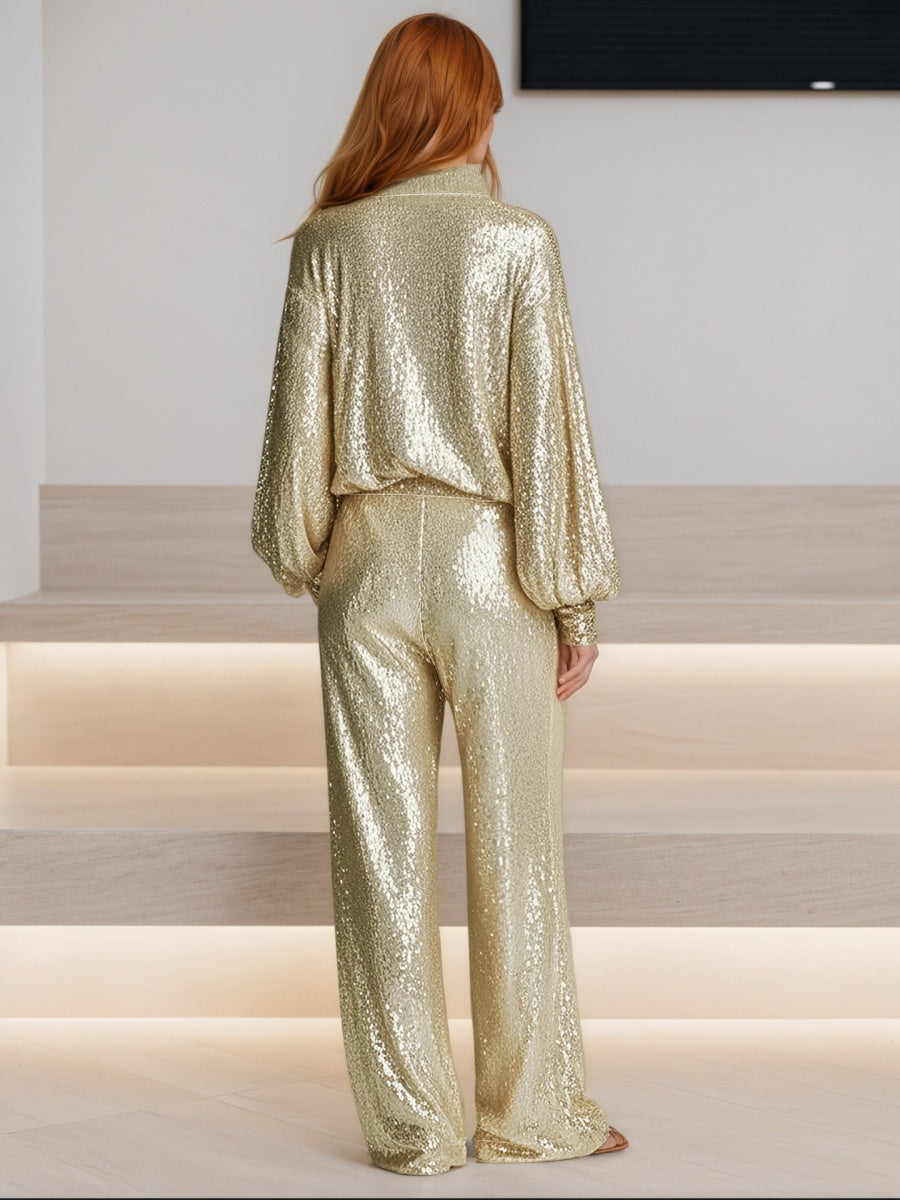 Sequins Shirts Jacket Wide Leg Set 2-piece Sets