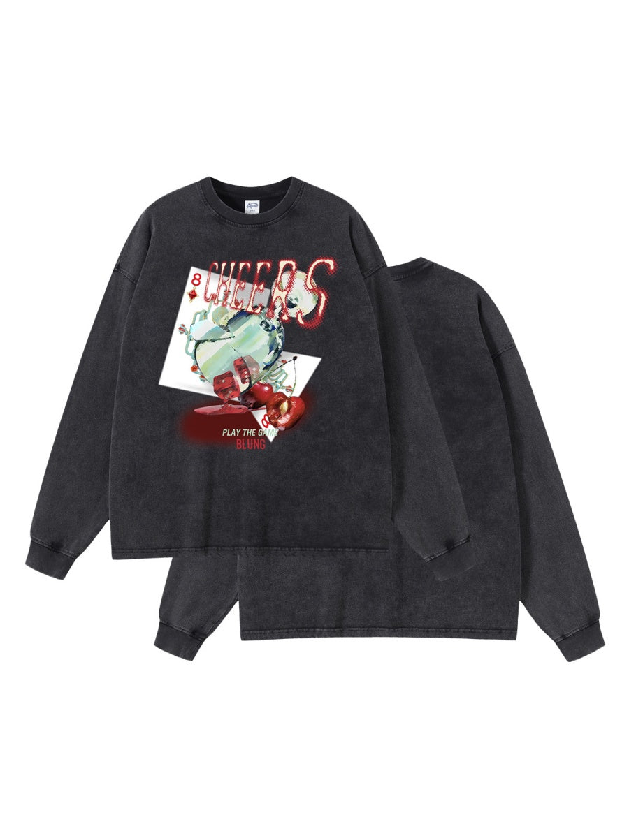 Washing And Aging Retro Poker And Dice Game Direct Inkjet Printing Long-sleeved T-shirt