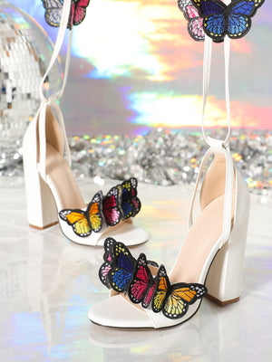 Embroidered 3D Suede Butterfly Strap Chunky Heel Fashion Sexy High-heeled Sandals