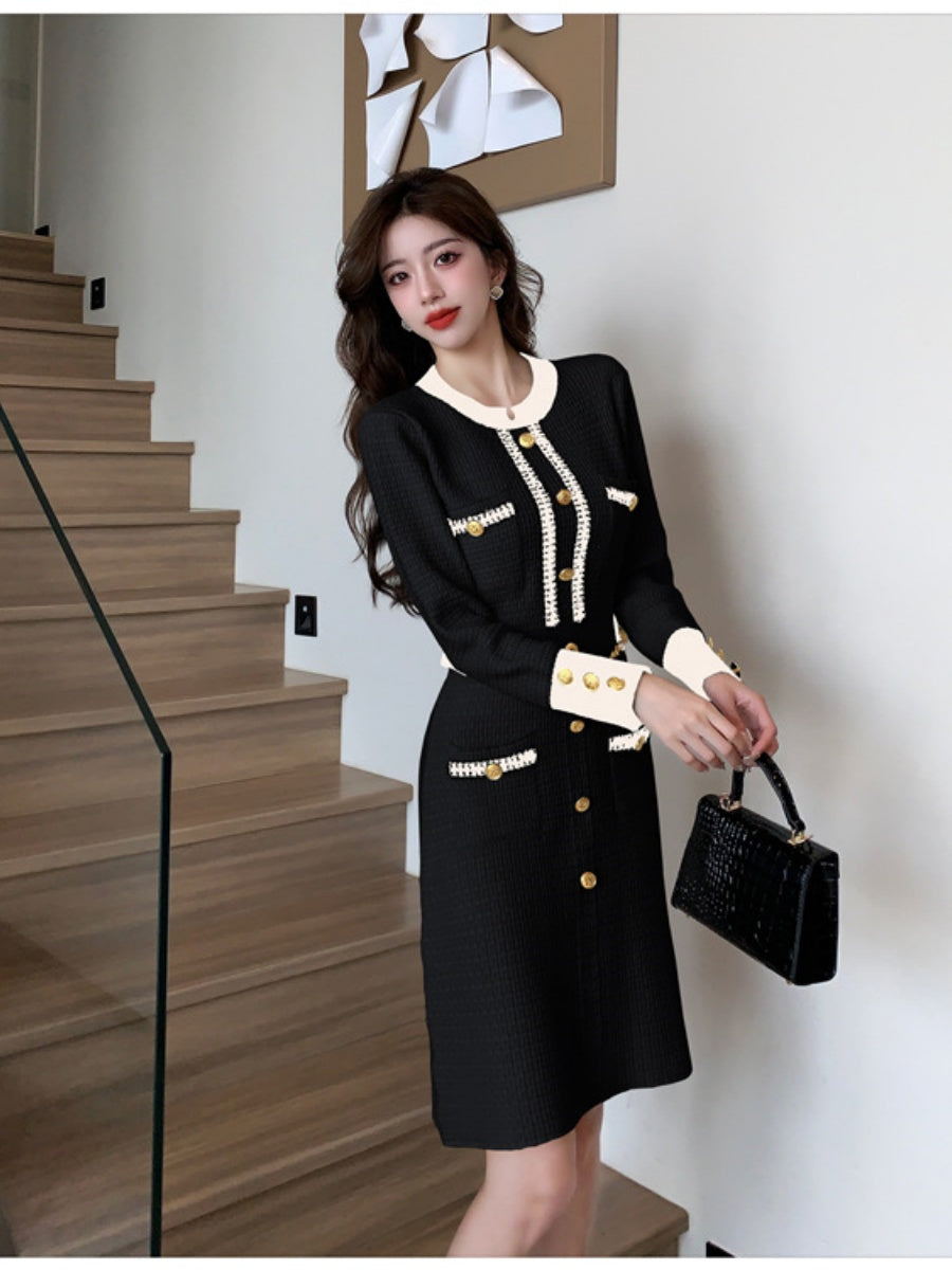 Elegant And Sophisticated Long-sleeved Round Neck Button-down Chanel-style Knit Midi Dress