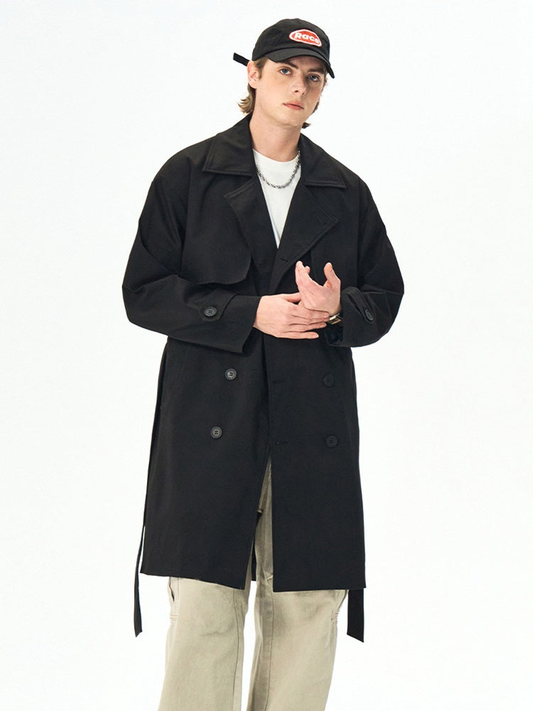 Black Khaki Multiple pockets Mid-length Trench Coats