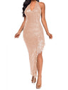 Sequins Halter Neck And Backless Slit Tassel Slim Fit Hip Body Midi Dresses