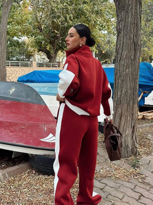 Jackets Casual Trousers Set Retro Contrasting Colors Long Sleeve Zipper Coat Two-piece Trouser Set