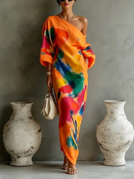 Long Sleeve Off-shoulder Comfort Loose-fit Maxi Dresses