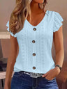 Jacquard Hollow Out Lotus Leaf Sleeves Buttons Crew Neck T-shirts