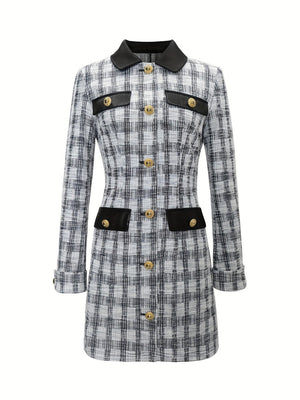 Small Fragrance Tweed Plaid Spliced PU Leather Commuting Mini&Short Dresses