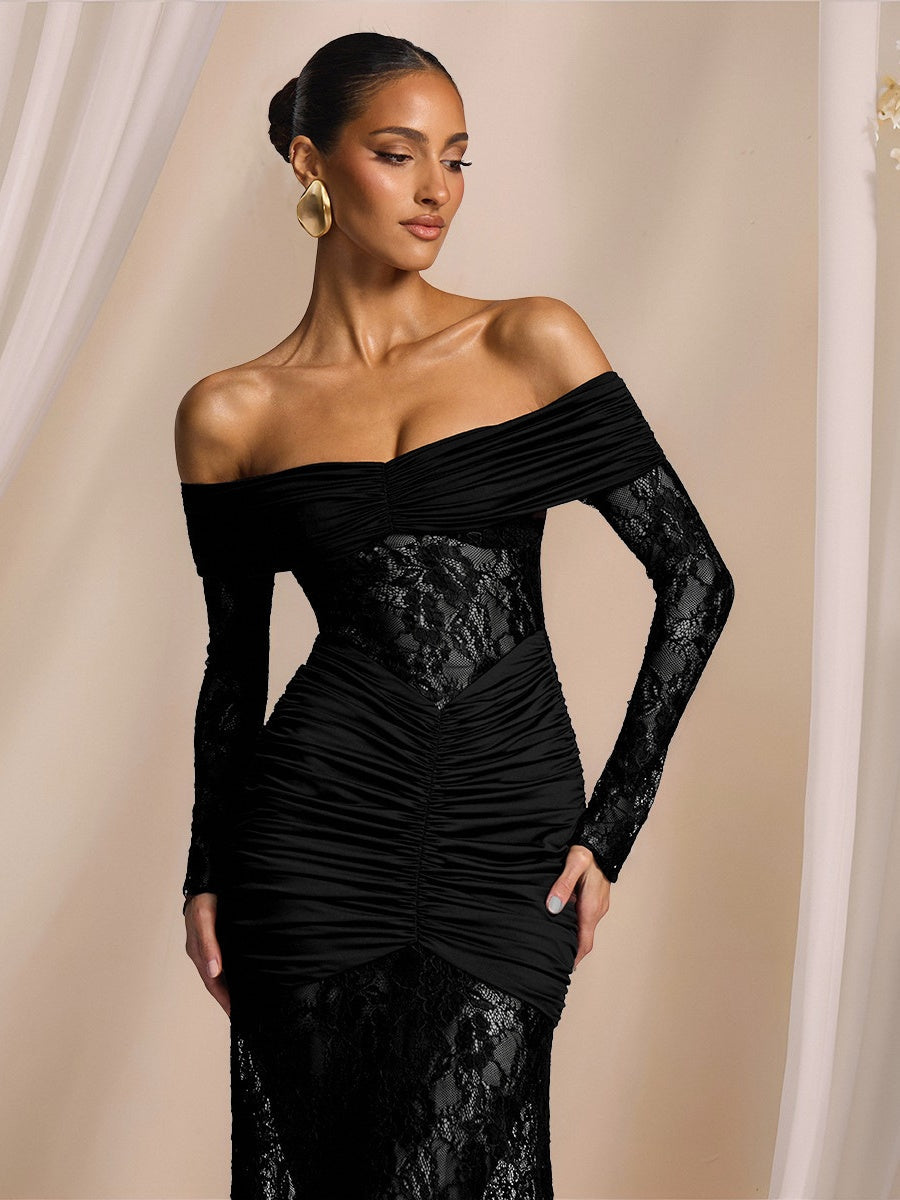 Schulterfreie, hohle Spitzeneinsätze, langärmelige, hüftbetonte Maxikleider