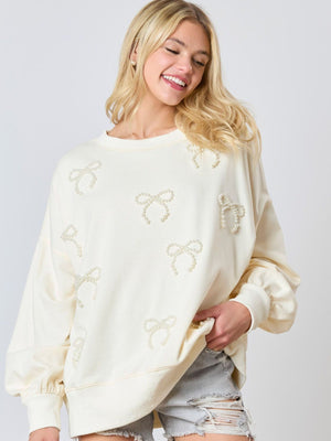Christmas Pearl Bow Long Sleeve Top Casual Sweatshirt