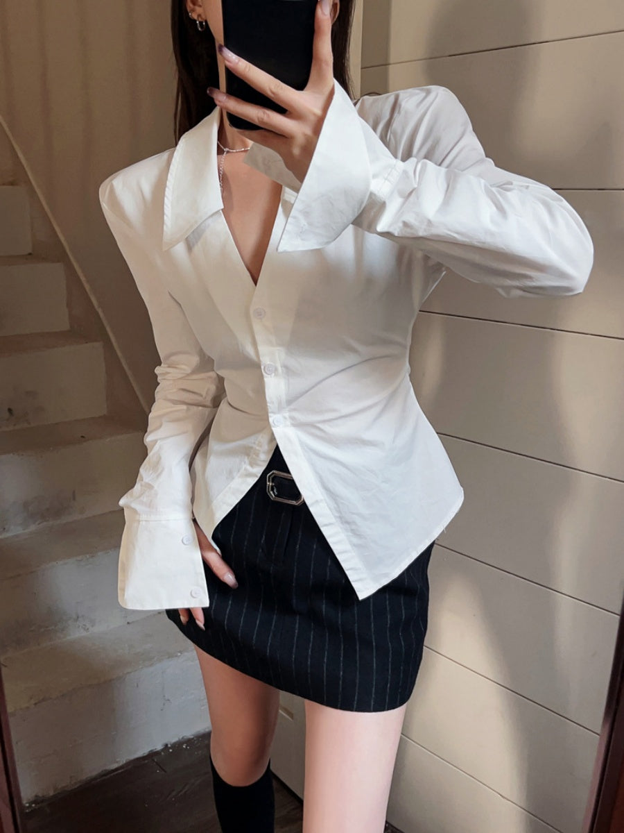 White Collared Long-sleeved Shirt For Women, Slim Fit, Waist-cinching Design, Unique And Stylish Top.