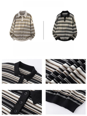Retro Contrasting colors Stripes Lapel sweater