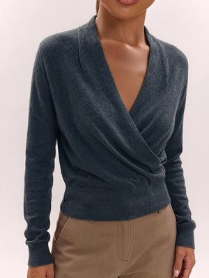 Wool Cross Wrap V Neckline, Fitted Waist, Long Sleeves