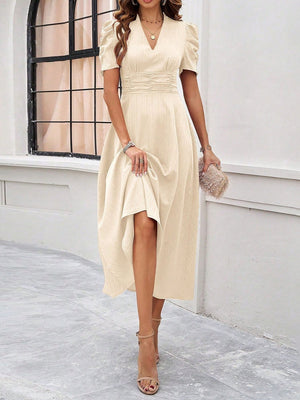 Pleated Waist Short Sleeve Maxi Dresses