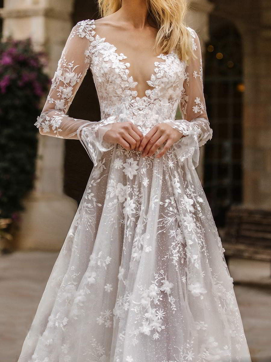 Sexy Long Sleeve V-neck Bridal Wedding Dress Maxi Dresses