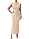 Robe maxi sans manches plissée coupe ajustée, couleur unie